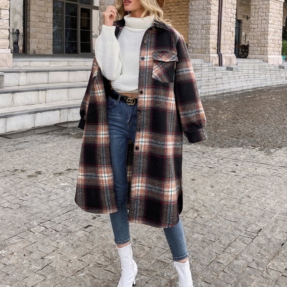 black red plaid pocket button down long coat - Picture 7 of 7